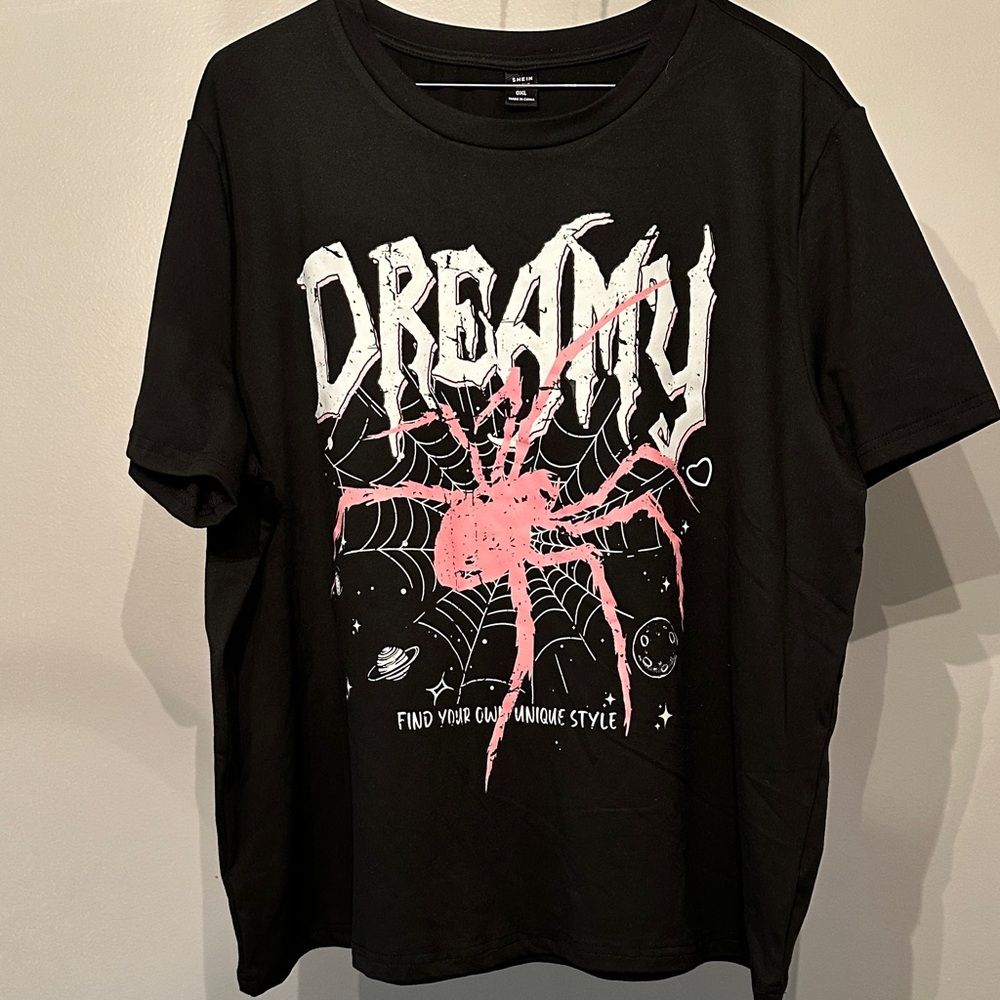 SHEIN Black Graphic Tee with Pink Accents